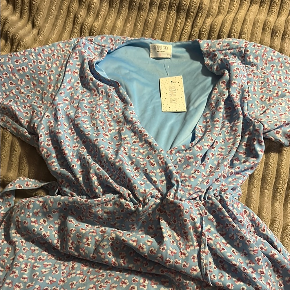 Sienna Sky Gray and Blue Wrap Blouse 3/4 Sleeve
